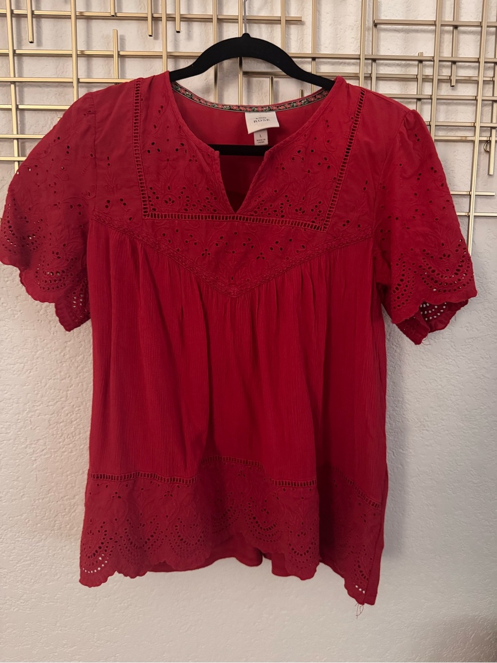 Knox Rose Red Eyelet V-Notch Peasant Blouse